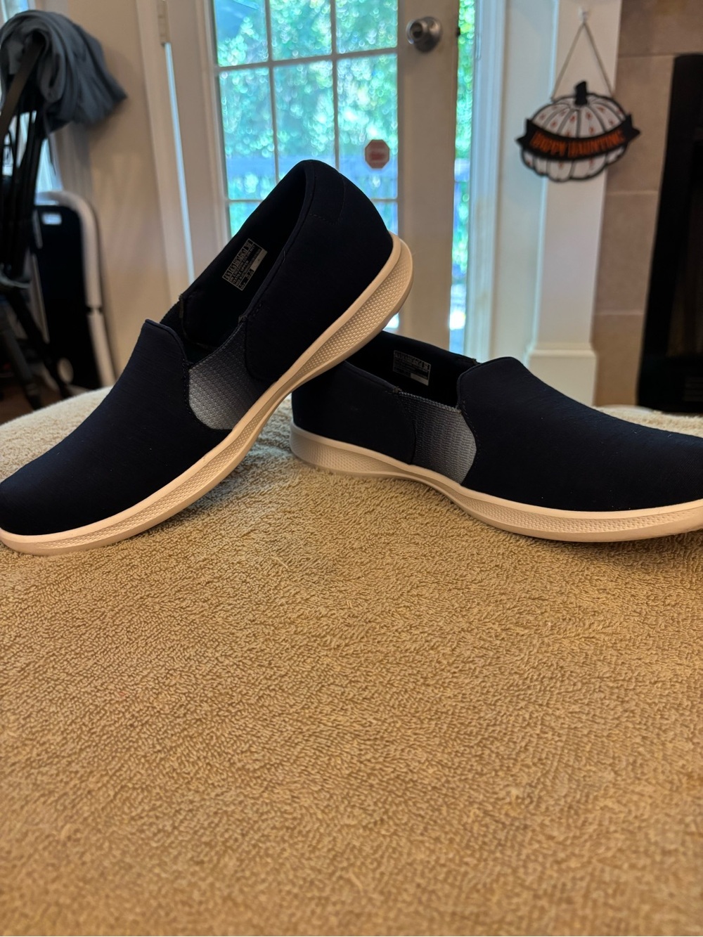 SKECHERS Goga Mat Women Slip-On Casual Shoes Navy Textile Knit US 9.5